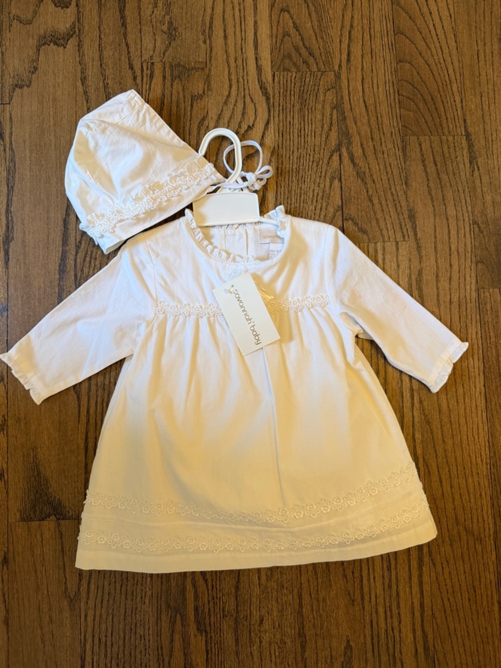 Savannah baby christening dress. White Baby Dress and Bonnet